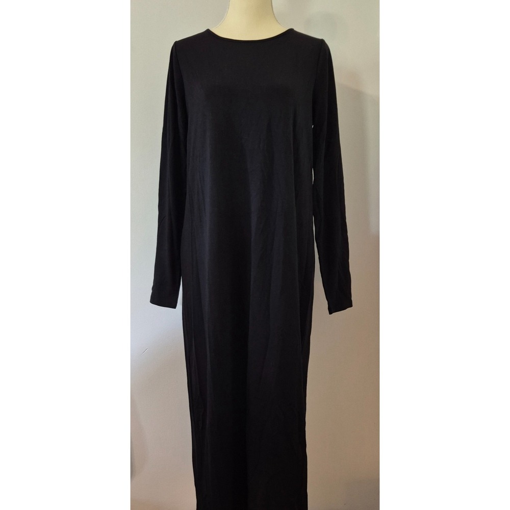 Eileen Fisher Black Tencel Lyocell Jersey Midi Dress S Long Sleeve Minimalist